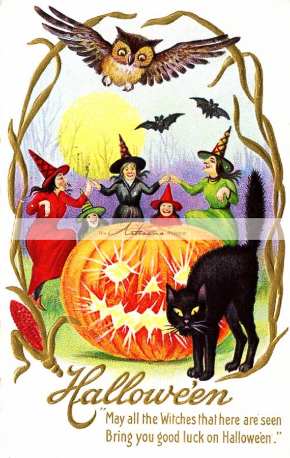 Owl witches pumpkin black cat bats moon vintage halloween postcard digital download printable image paper crafts scrapbooking art image