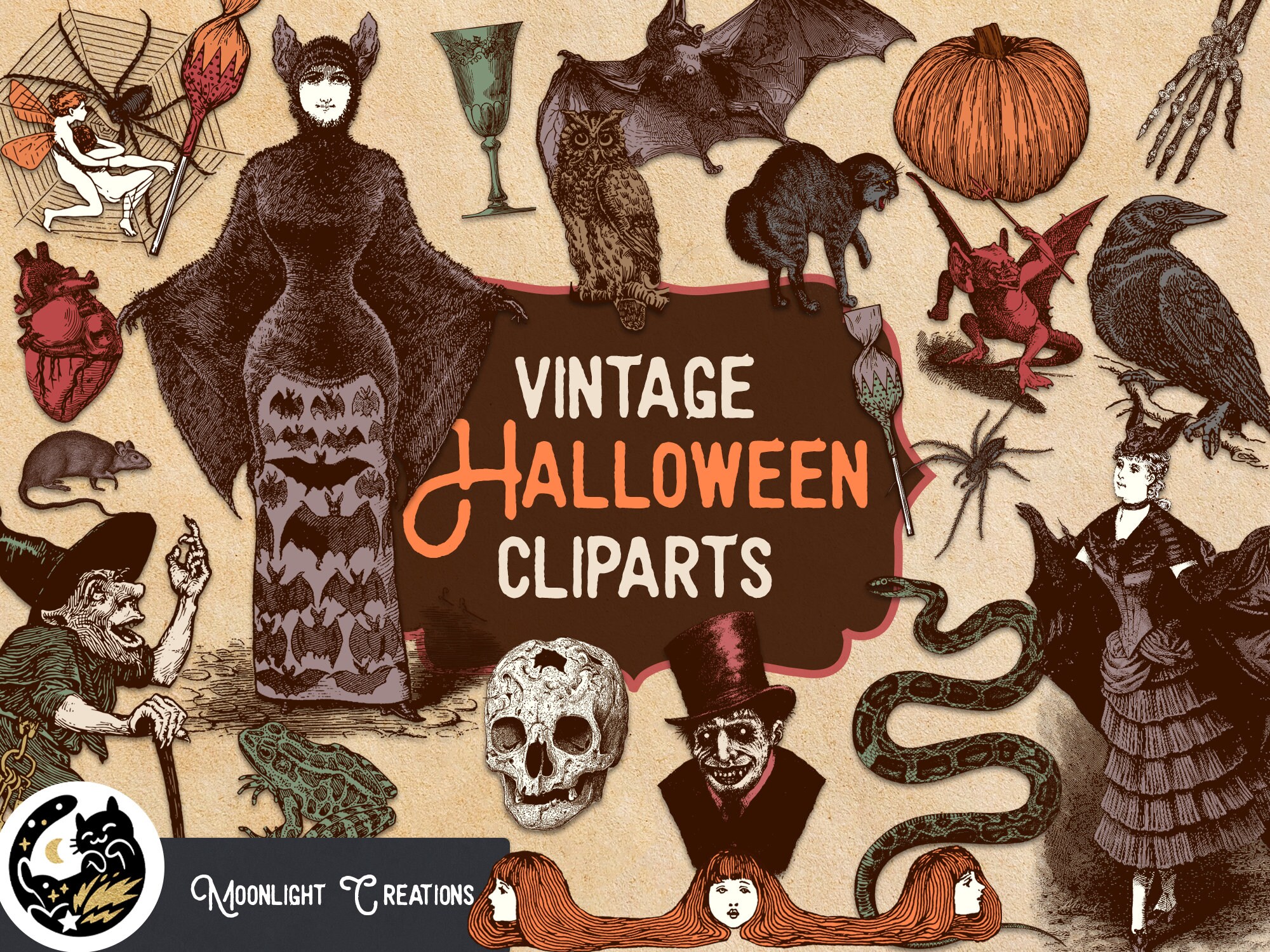 Vintage halloween clipart halloween png illustrations in color for print or digital scrapbooking mercial use