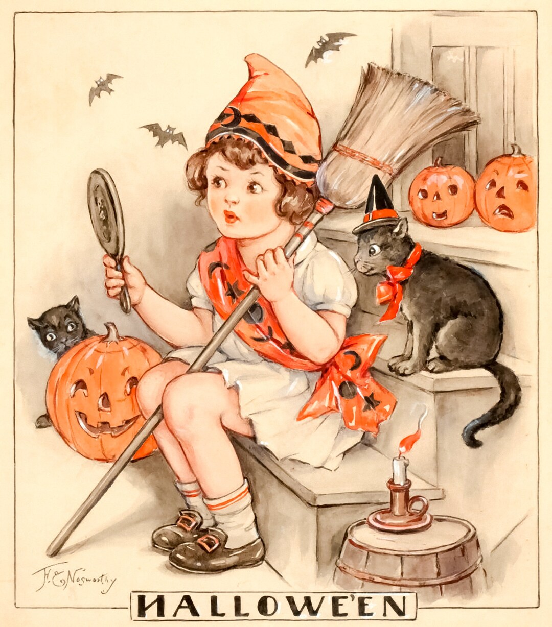 Vintage halloween folk lore art digital download printable image paper crafts scrapbook altered art halloween witch pumpkin black cat