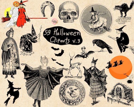Vintage halloween clipart antique halloween clip art graphics skulls bats owls spiders witches vintage ephemera instant download