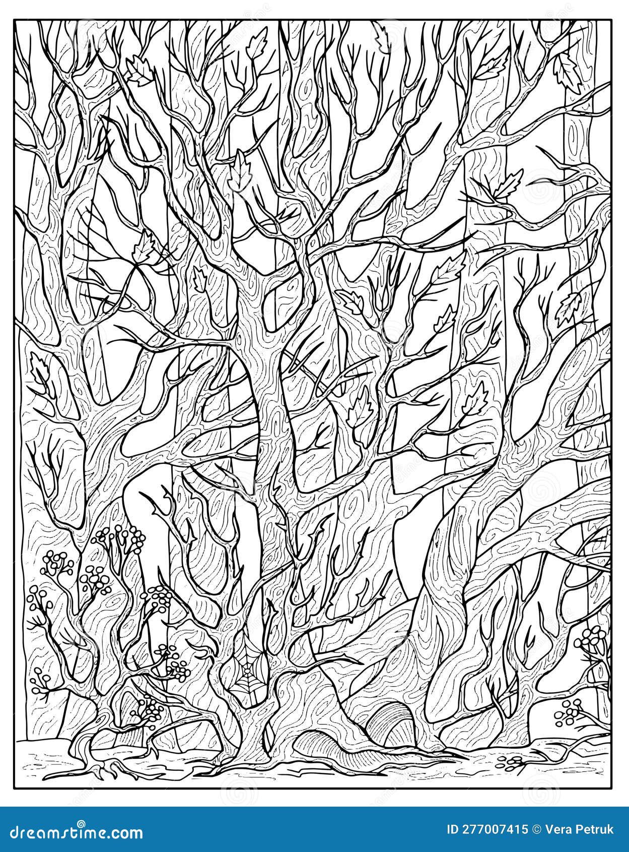 Vintage coloring page with gloomy autumn forest with creepy branches stock vector