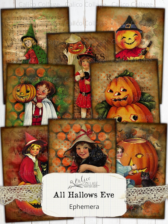 Vintage halloween junk journal ephemera cards all hallows eve