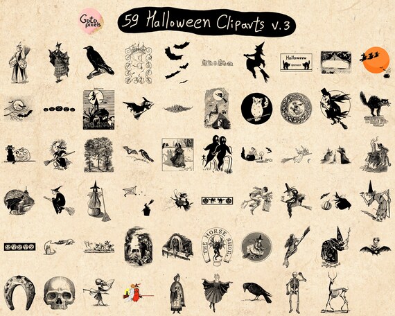 Vintage halloween clipart antique halloween clip art graphics skulls bats owls spiders witches vintage ephemera instant download
