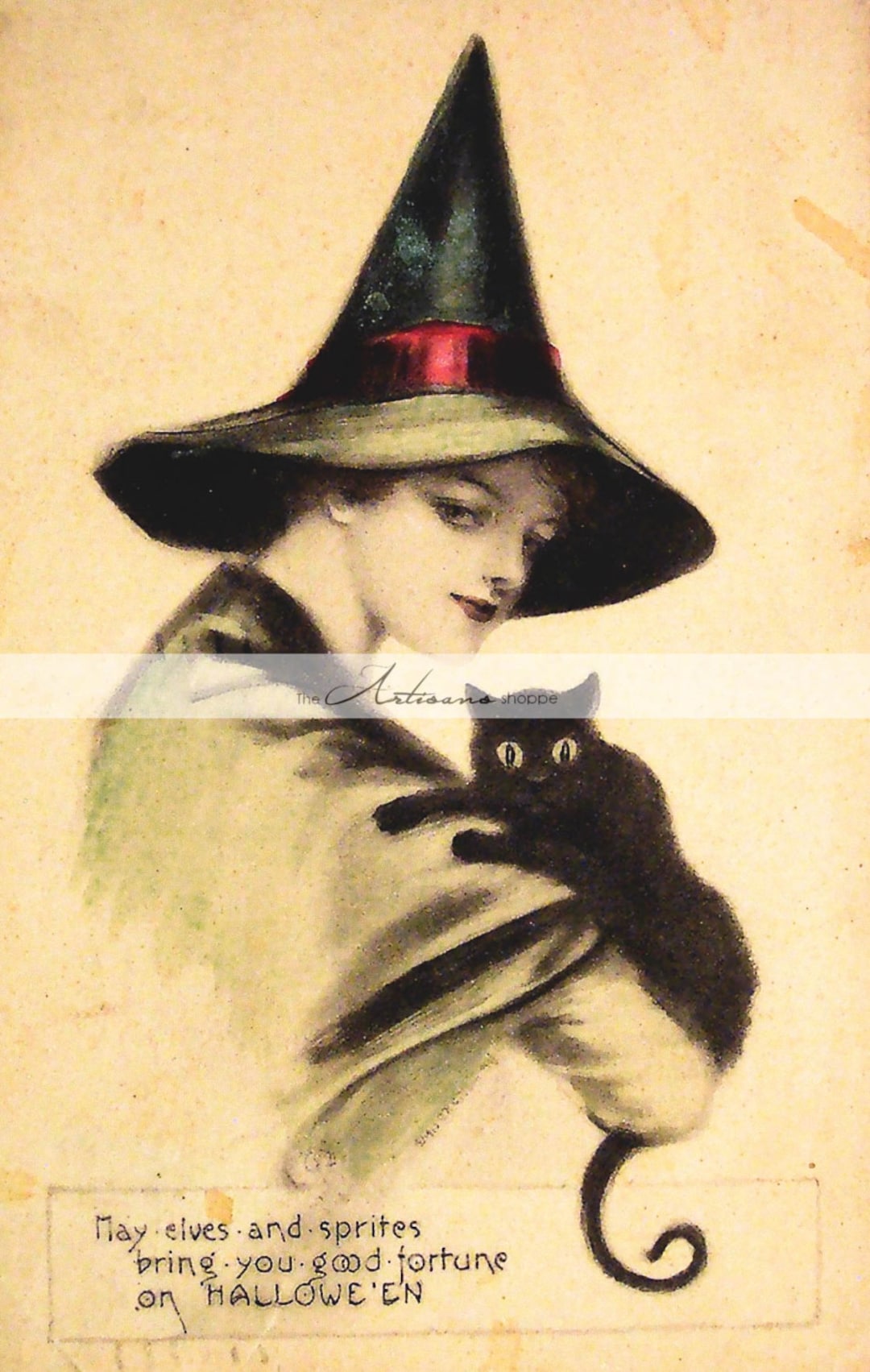 Vintage halloween witch good fortune postcard image digital download printable image paper crafts scrapbook altered art halloween art
