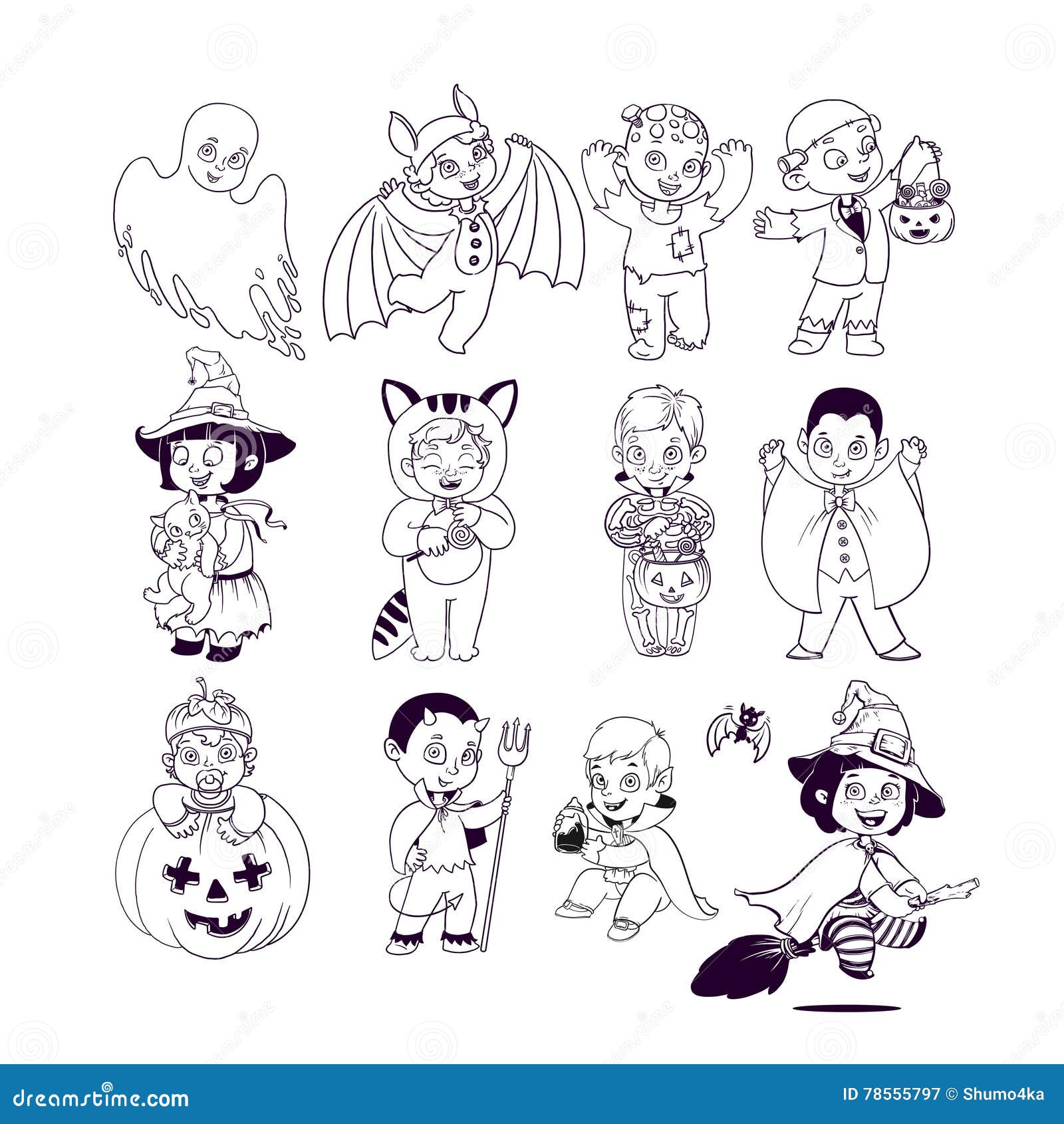 Kids in halloween costumes halloween coloring book stock vector