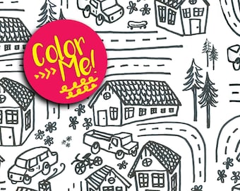 Instant download neighborhood coloring page coloring pages download coloring pages kids house coloring page car drawing