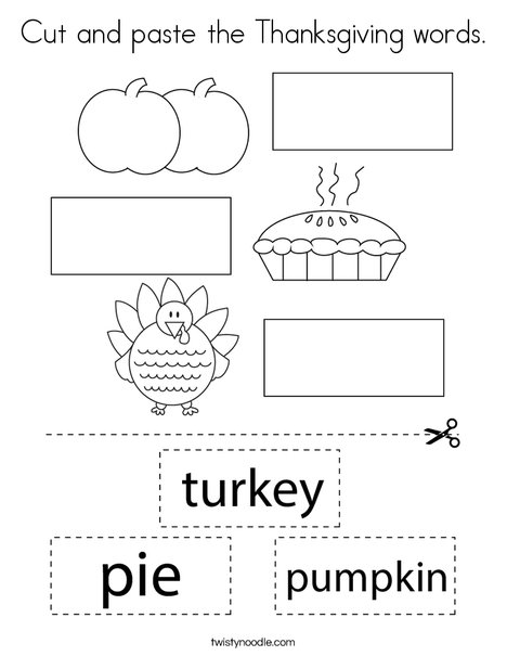 Cut and paste the thanksgiving words coloring page