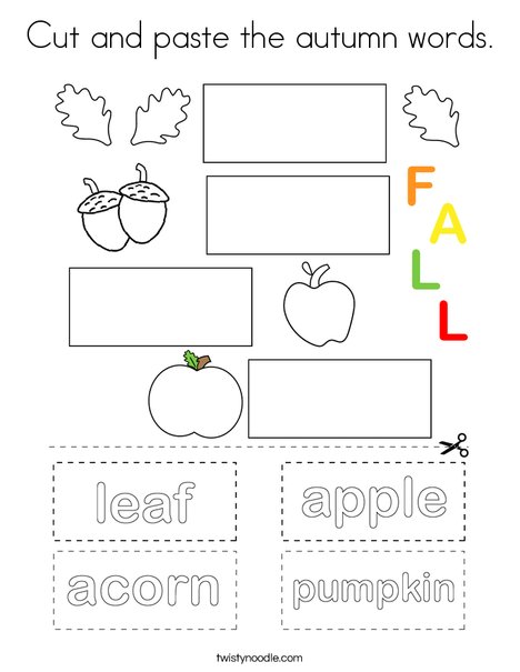 Cut and paste the autumn words coloring page
