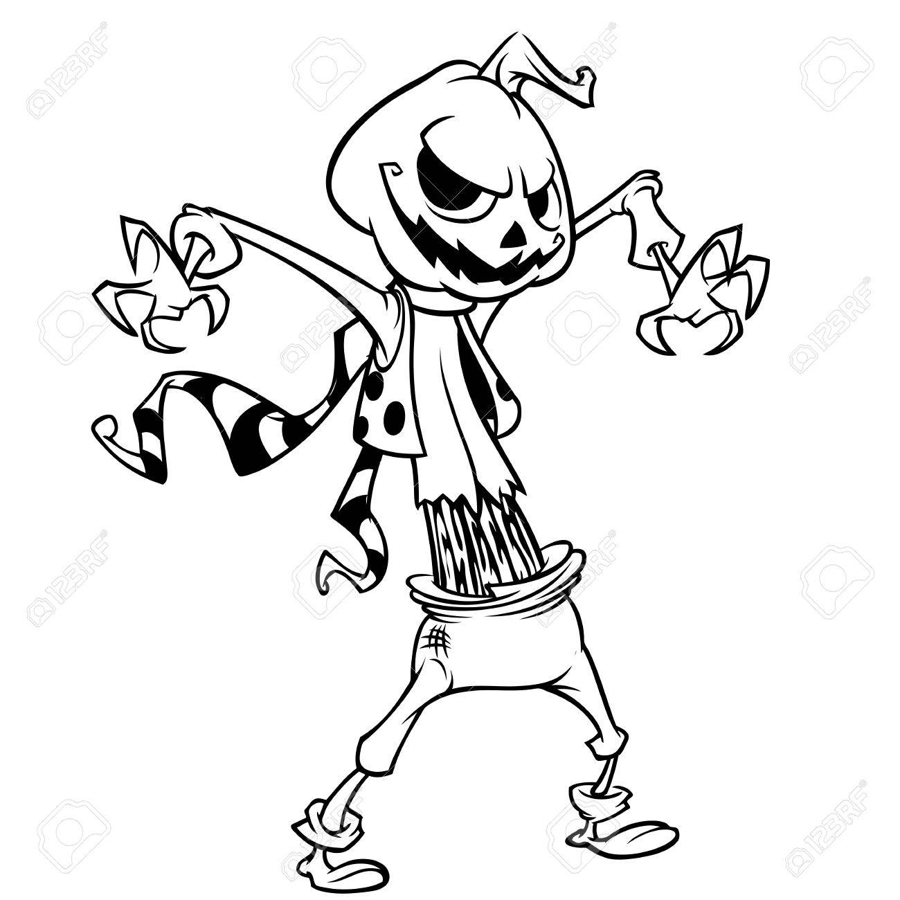 Coloring book scarecrow cartoon character vector halloween scarecrow with pumpkin head outline royalty free svg cliparts vectors and stock illustration image
