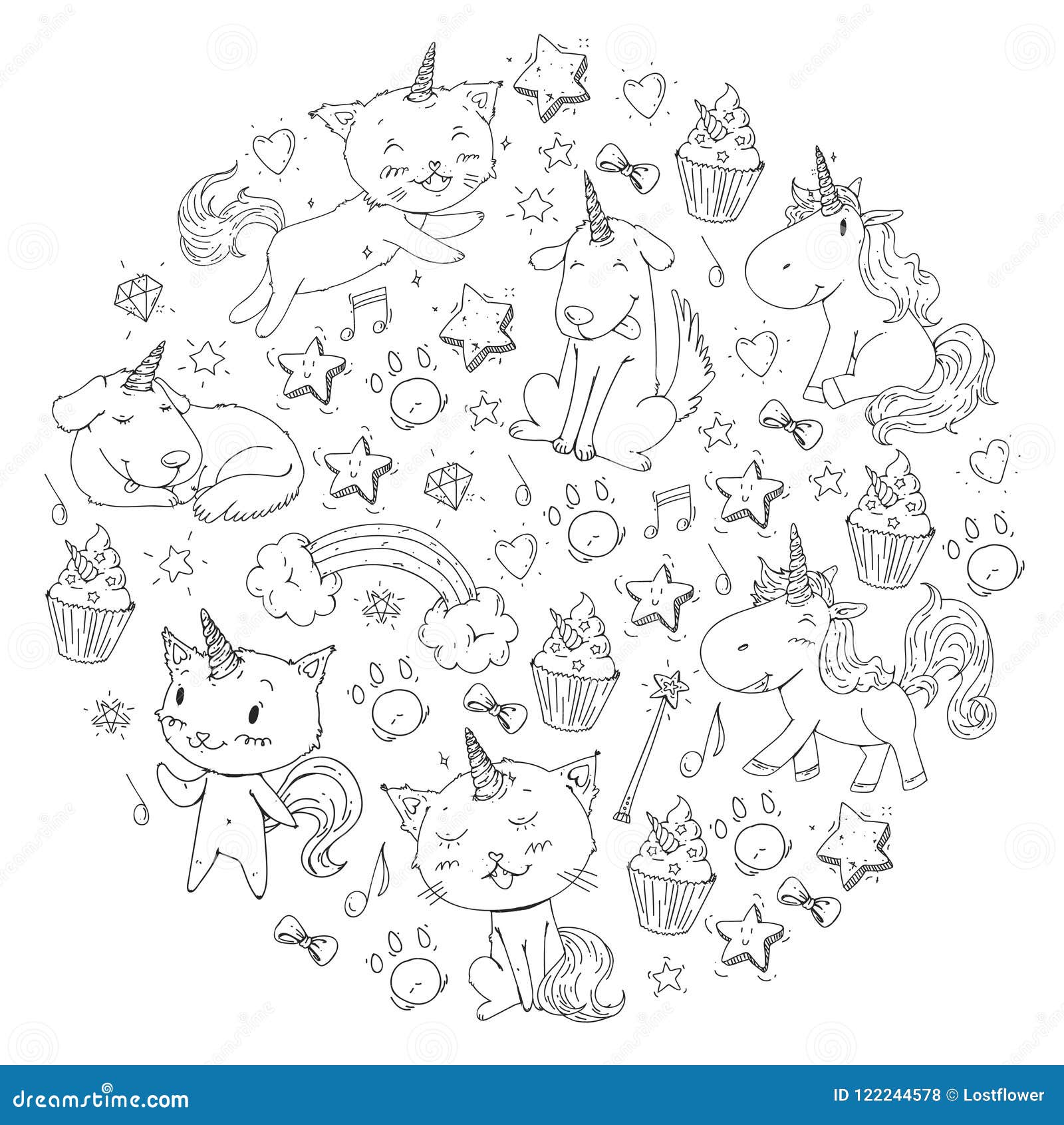 Unicorn cats dog horse pony vector image coloring page for children book kindergarten background for banners stock vector