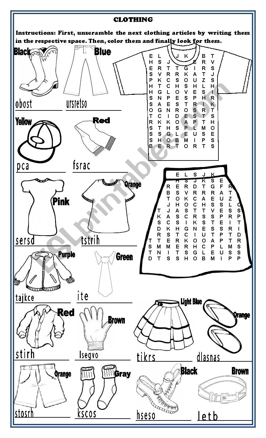 Clothing coloring and unscramble and crossword puzzle activities in page