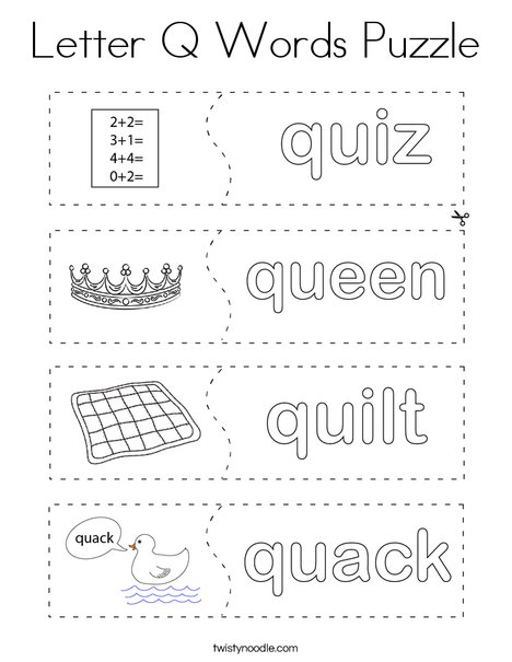 Letter q words puzzle coloring page