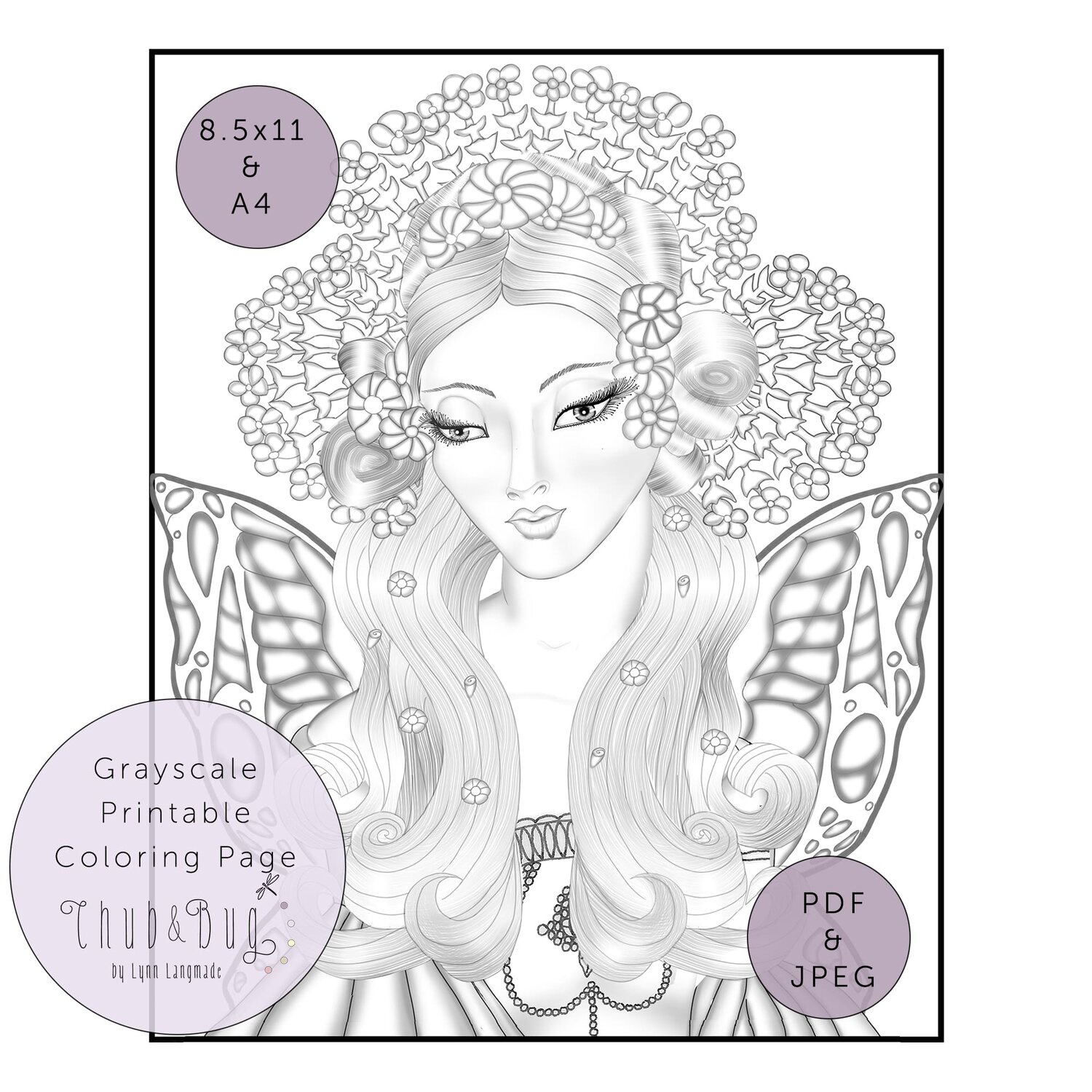 Printable coloring page of a fairy queen