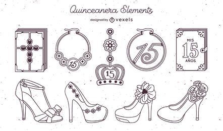 Quinceanera elements stroke set vector download