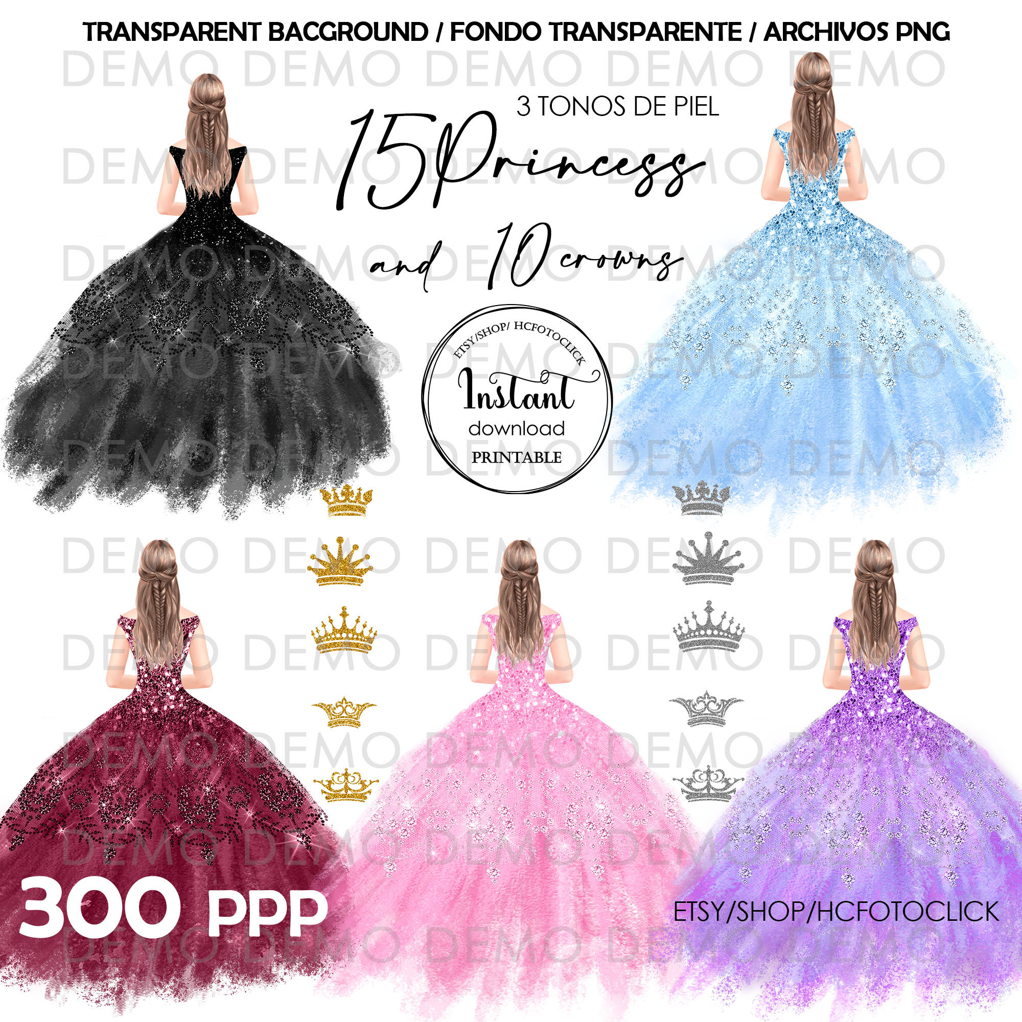 Clipart quinceaãera various dress colors princess dark medium and white skin princess crowns dress instant download