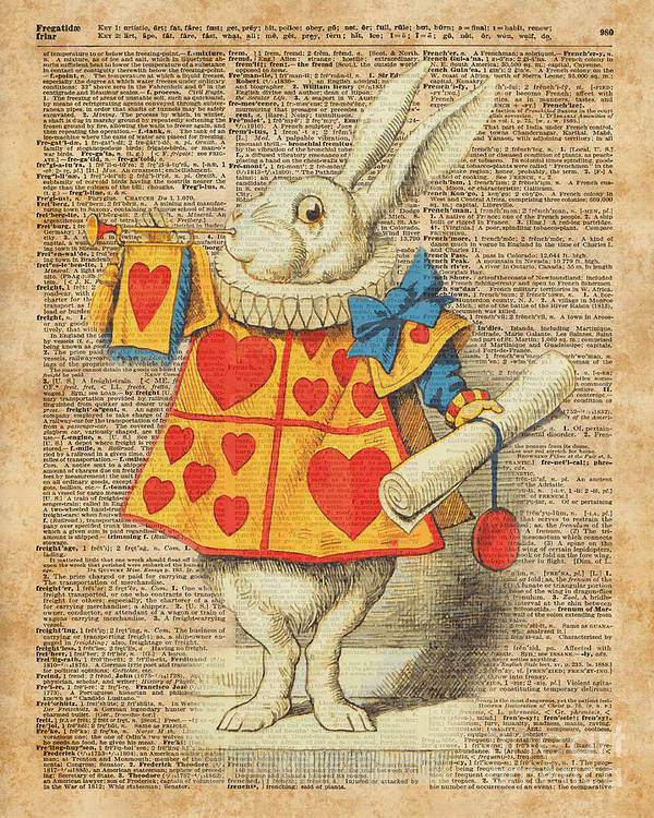 White rabbit with trumpet alice in wonderland vintage dictionary artwork poster by anna w