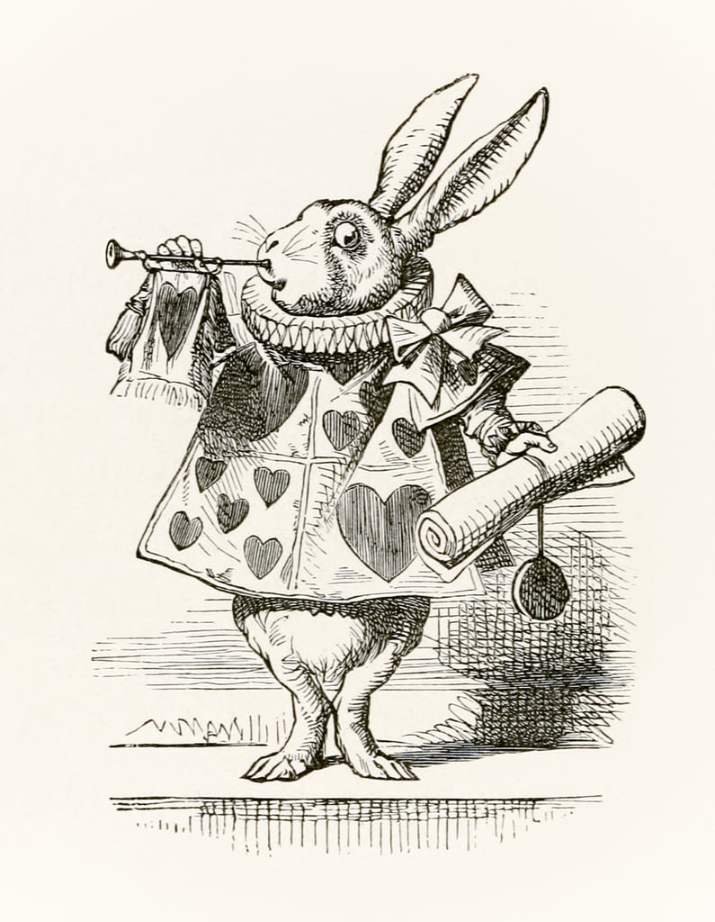 The white rabbit with trumpet and scroll heralding the accusation from alice in wonderland by lewis carroll first published in