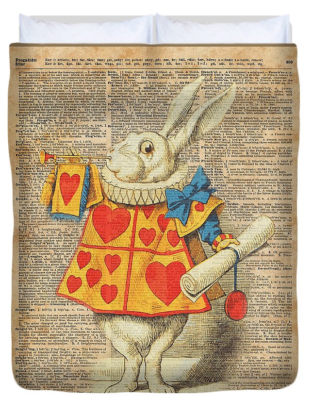 White rabbit with trumpet alice in wonderland vintage dictionary artwork duvet cover by anna w