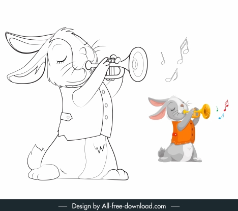 Rabbit icon trumpet playing sketch handdrawn cartoon character vectors stock in format for free download mb