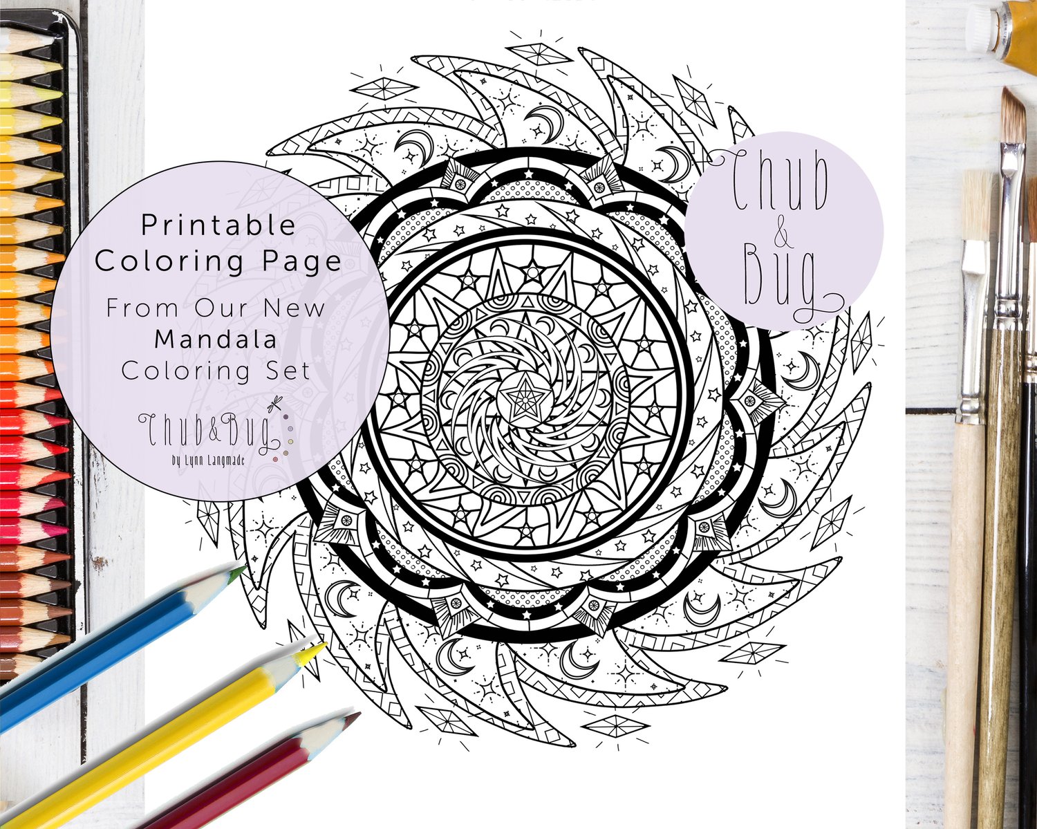 Sun mandala printable coloring sheet in black and white â chub and bug illustration wall art and school supplies for kids and babies