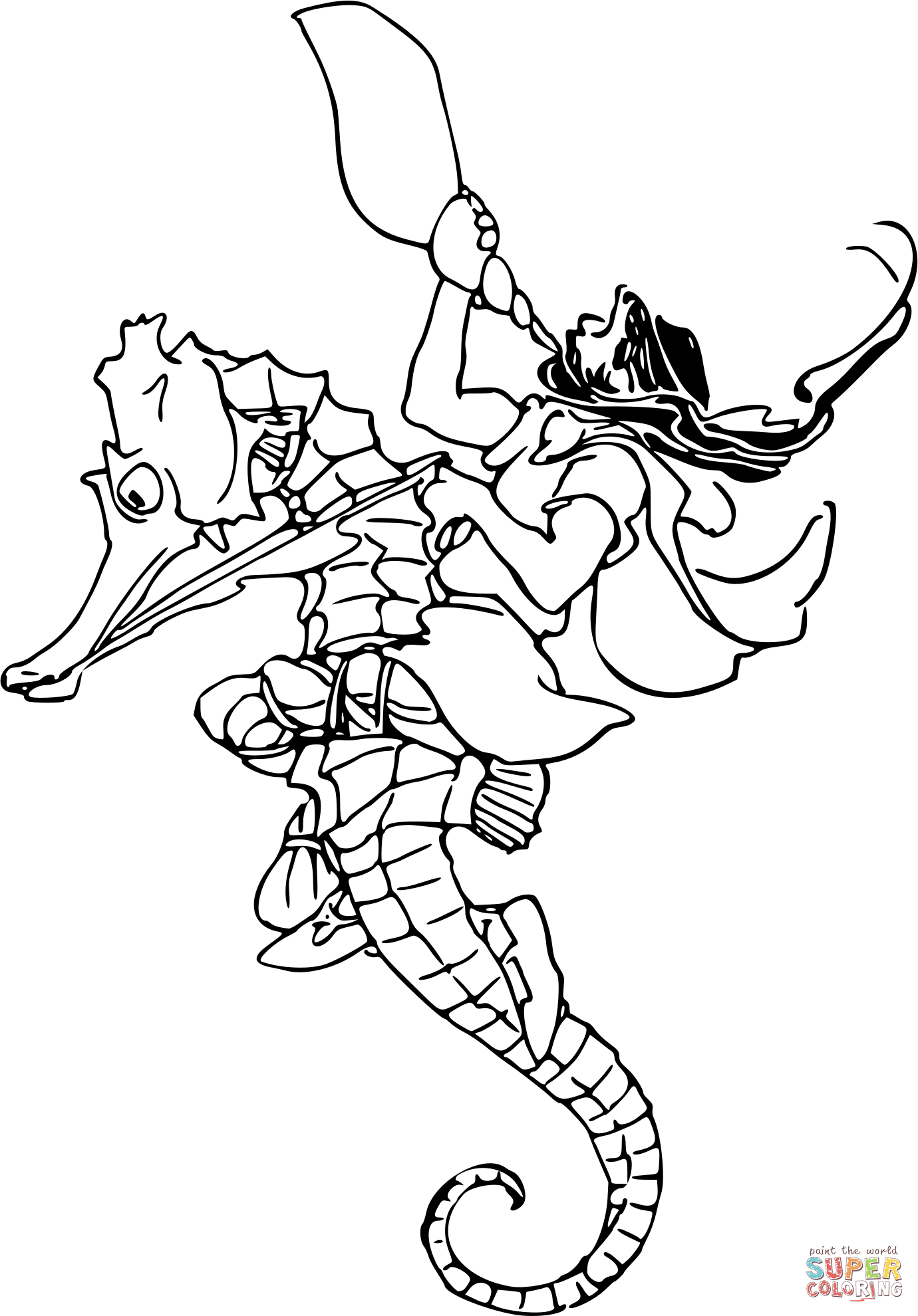 Vintage riding a seahorse coloring page free printable coloring pages