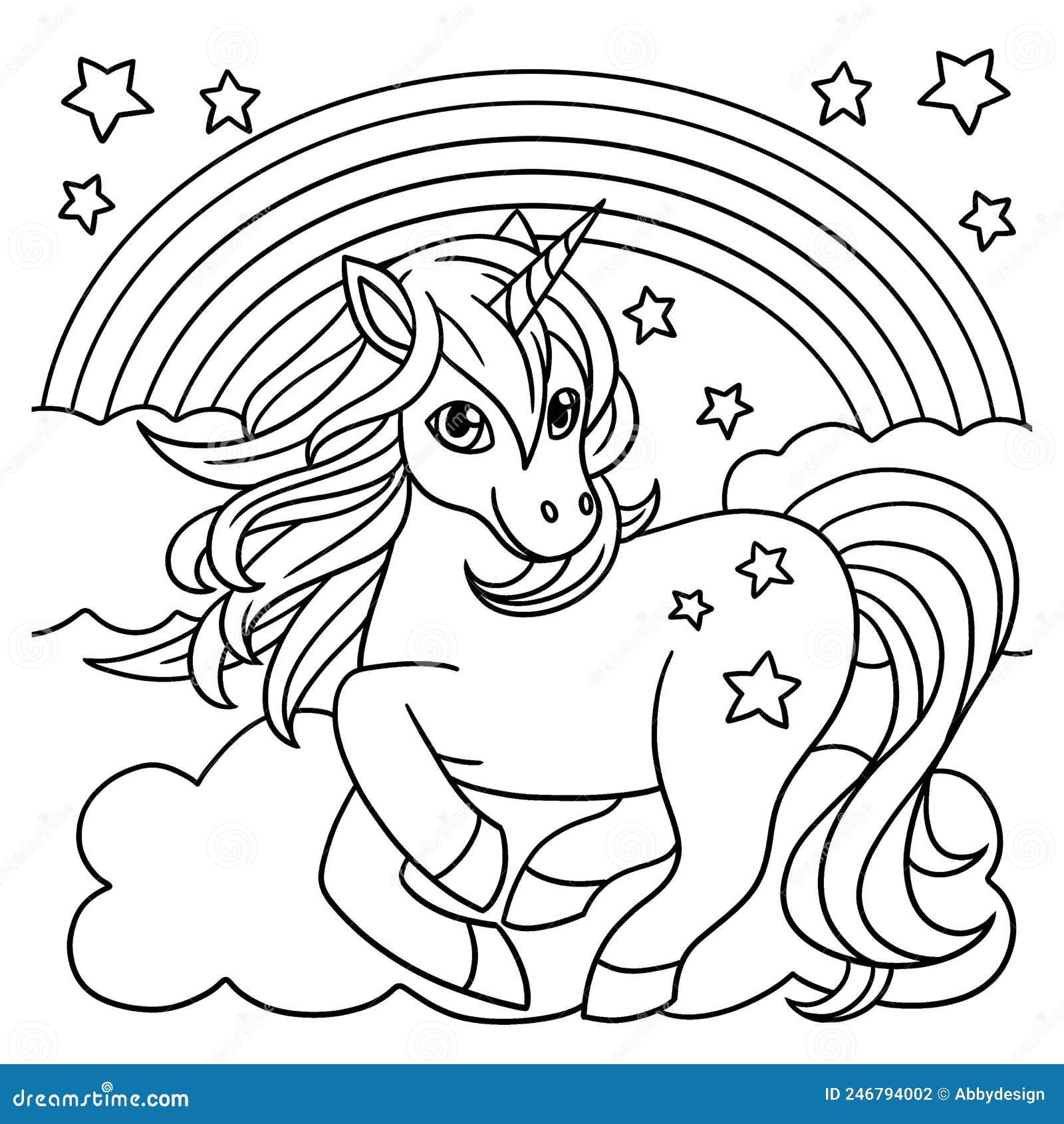 Unicorn standing under the rainbow coloring page stock vector