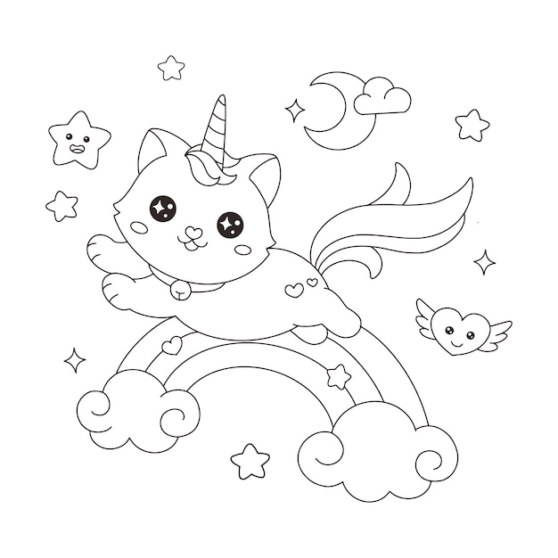 Premium vector caticorn cat unicorn flaying over the rainbow coloring illustration