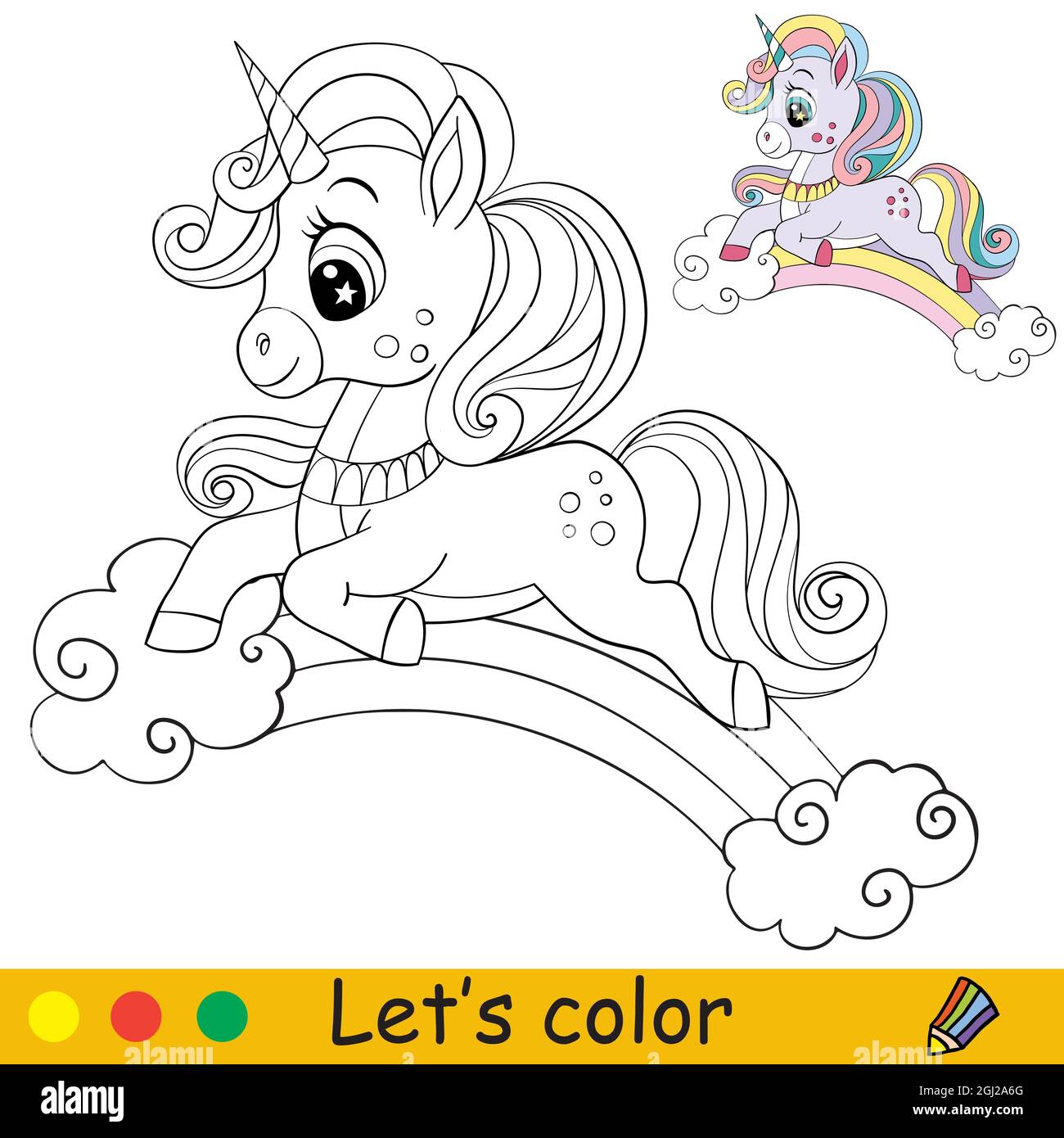 Cute unicorn lies on the rainbow coloring book page for children vector cartoon illustration for coloring book education print game decor puzz stock vector image art