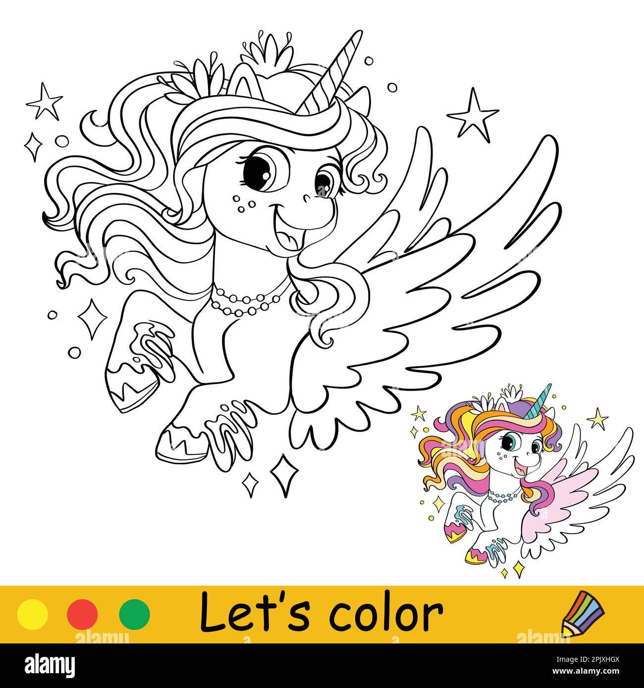 Cute happy unicorn with rainbow mane kids coloring book page with color template vector cartoon illustration educational work page for coloring c stock vector image art