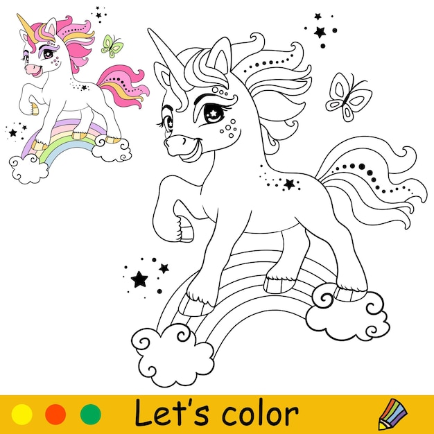 Premium vector cartoon cute unicorn jumping on the rainbow coloring book page unicorn character black and white vector isolated illustration with colorful template for kids for coloring book print game design