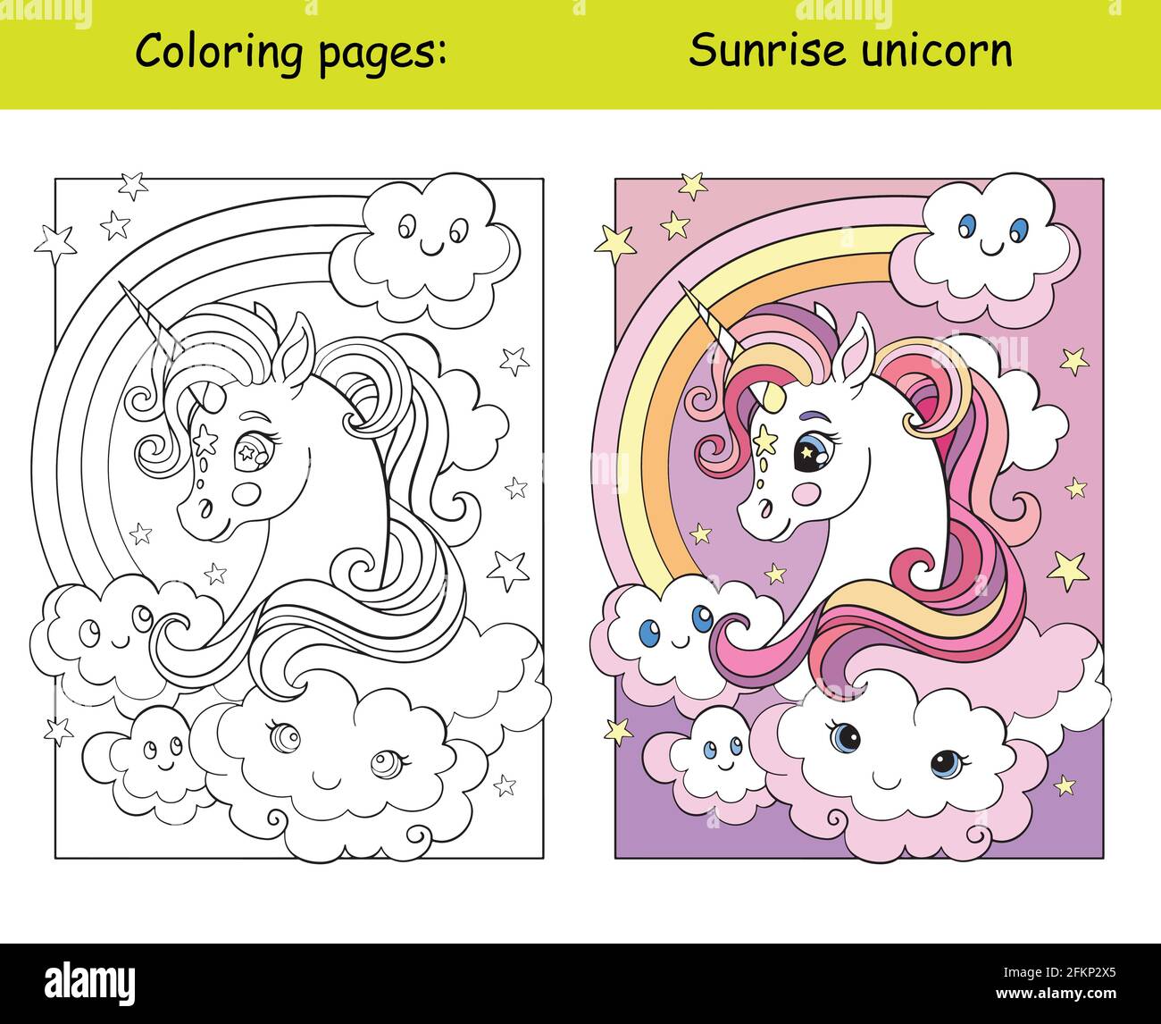 Beauty unicorn head with rainbow and clouds coloring book page for children with colorful template vector cartoon isolated illustration for colorin stock vector image art