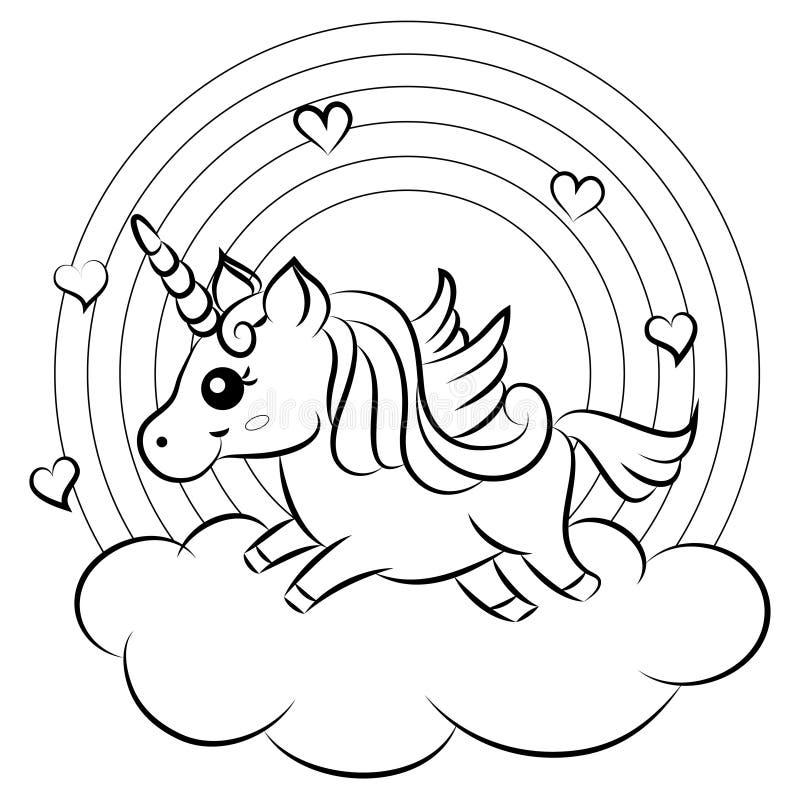 Cute cartoon vector unicorn with rainbow coloring page stock vector