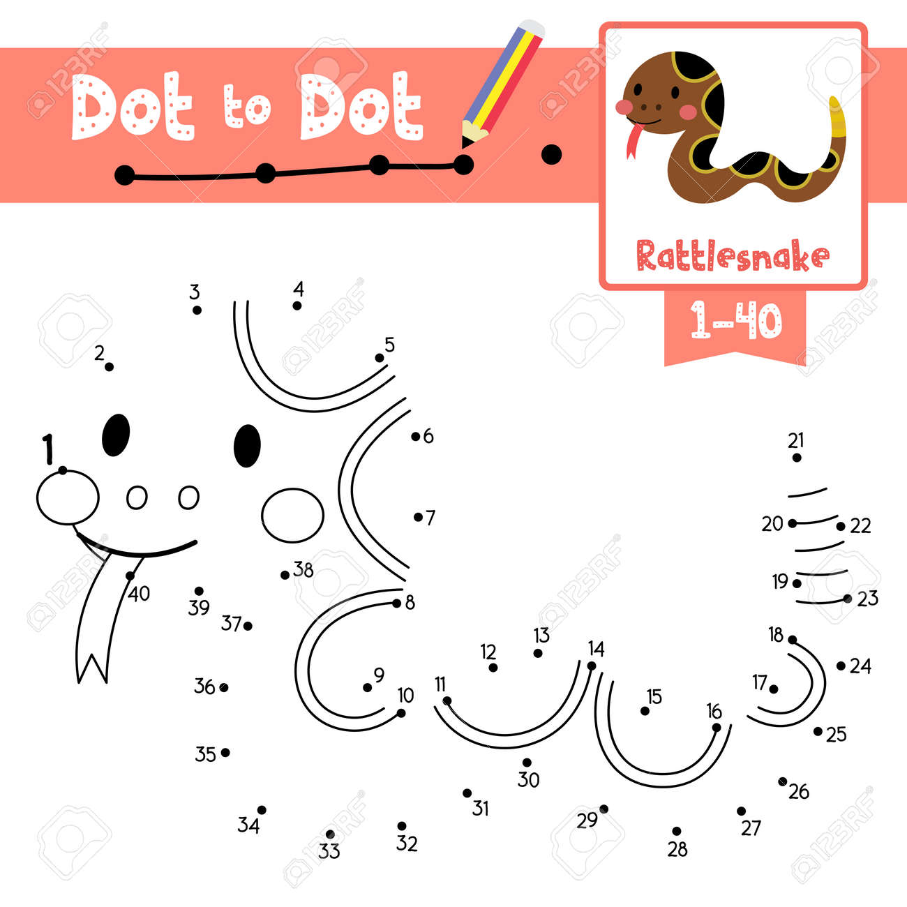 Dot to dot educational game and coloring book of crawling rattlesnake animals cartoon character for preschool kids activity about learning counting number