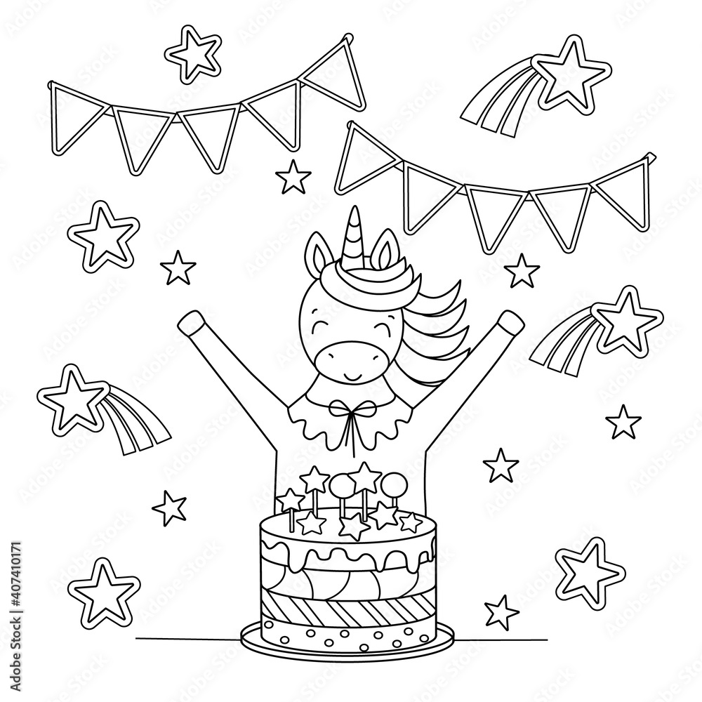 Cute coloring book with unicorn cake and stars a horse with a horn celebrates a birthday black outline sketch vector illustration vector