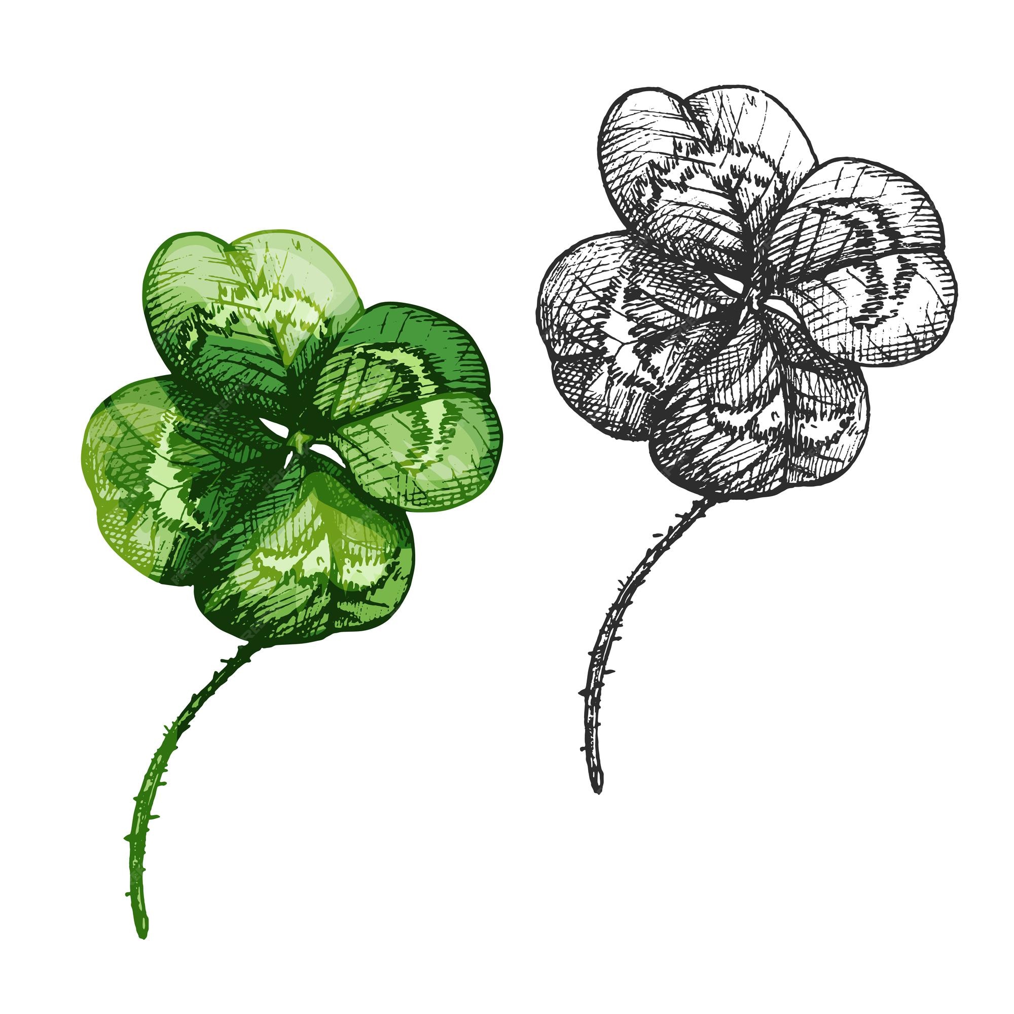 Premium vector good luck four leaf clover vector color vintage hatching illustration isolated on a white background