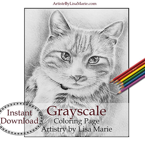 Cat portrait grayscale printable coloring book page â artistry by lisa marie