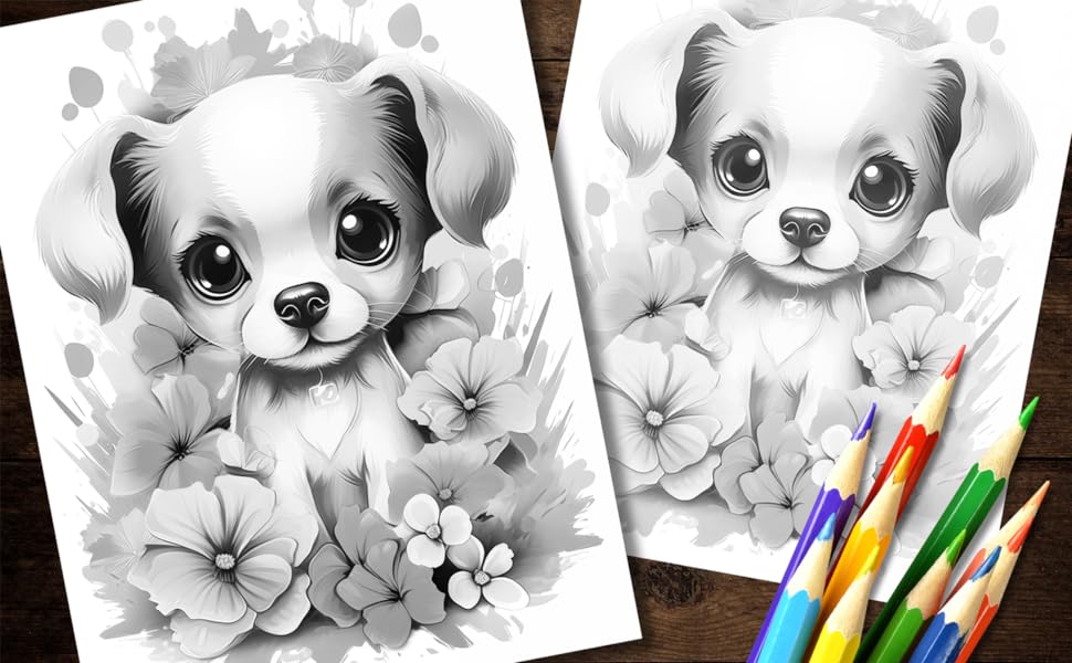 Cute puppies coloring book a grayscale coloring book for adults teens and kids with high quality puppy dog illustrations for stress relief and relaxation lavida holly books