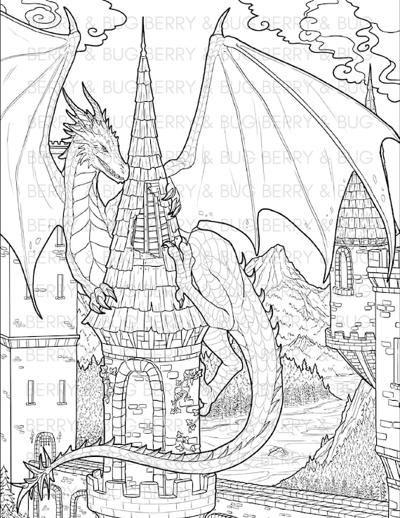 Dragon adult coloring page fantasy illustration coloring for adults printable art instant download realistic dragon