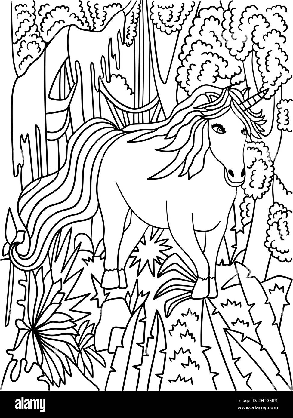 Unicorn in forest coloring page for adults stock vector image art