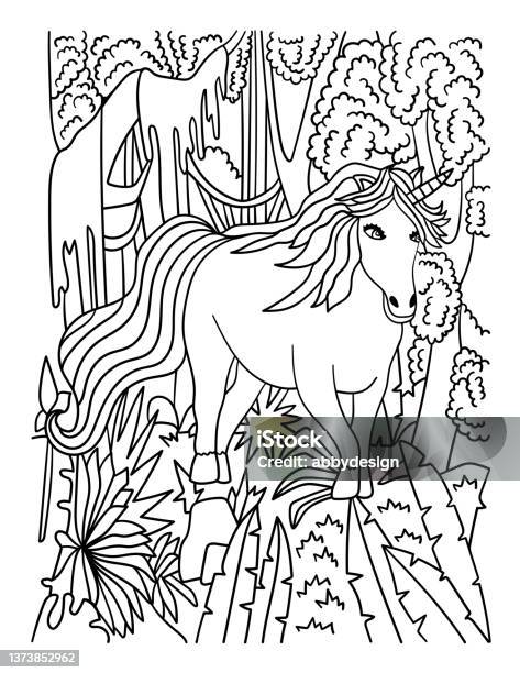 Unicorn in forest coloring page for adults stock illustration