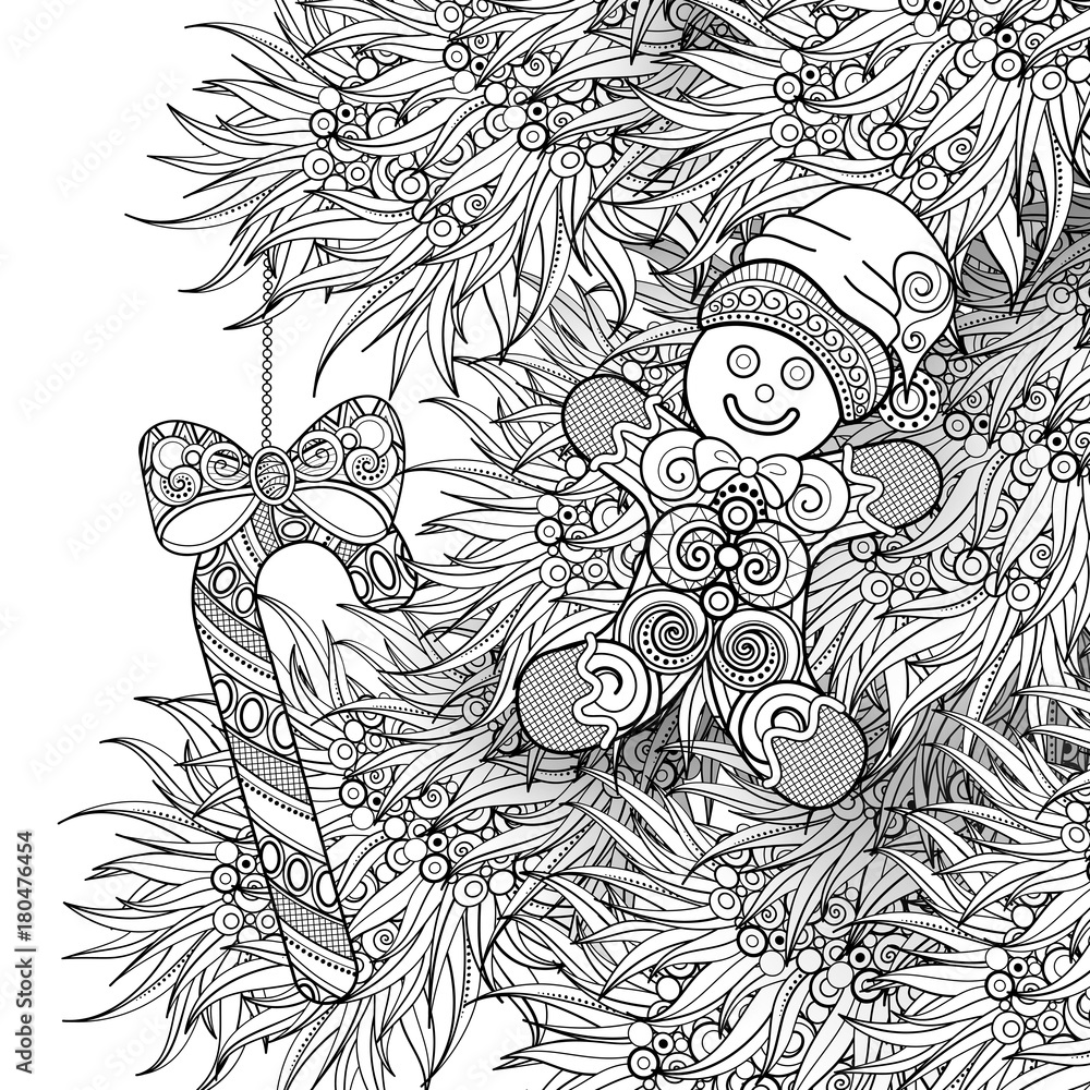 Monochrome merry christmas illustration candy cane bow and gingerbread man decorations on the tree holiday background in doodle line style coloring book page vector d contour art with realistic vector