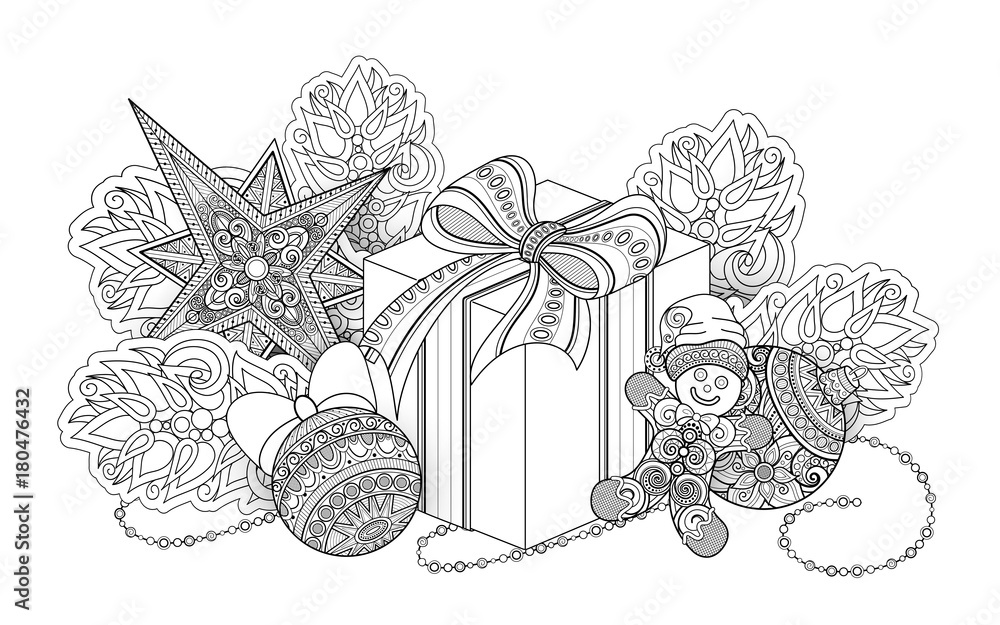 Monochrome new year illustration with gifts and christmas tree ball star gingerbread man holiday background in doodle line style coloring book page vector d contour art realistic shadow vector