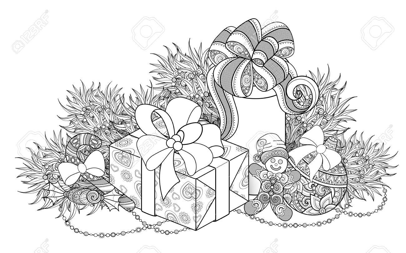 Monochrome new year illustration with gifts and christmas tree candy cane gingerbread man holiday background in doodle line style coloring book page vector d contour art realistic shadow royalty free svg cliparts