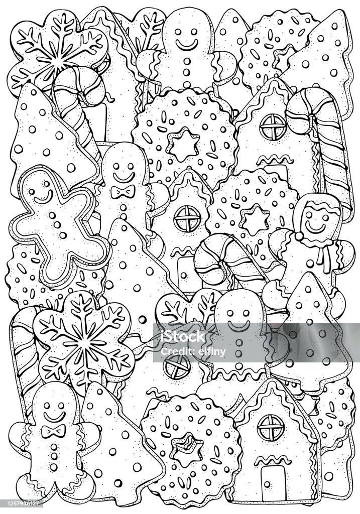Christmas gingerbread cookies coloring book page for adults and children black and white stock illustration