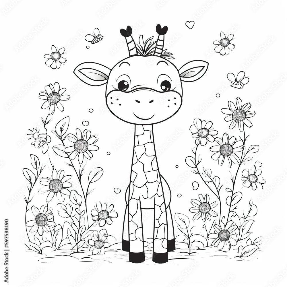 Kids coloring page of a giraffe with flower that is blank and downloadable for them to plete hand drawn giraffe outline illustration animal doodle outline realistic illustration creative ai illustration