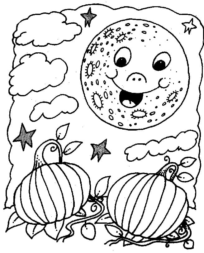 Cute moon and pumpkins coloring page