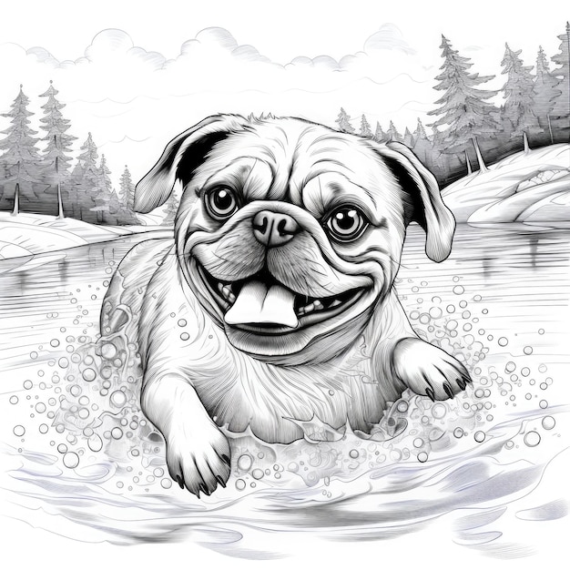 Premium ai image adorable swimming pug sets guinness world record free coloring page for kids in black and white f