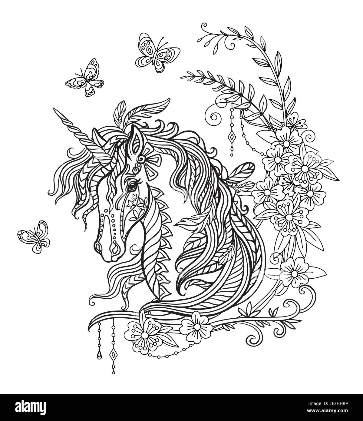 Drawing isolated portrait of unicorn with long mane tangle style for adult coloring book tattoo t