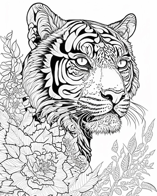 Premium vector a tiger with flowers and leaves on it