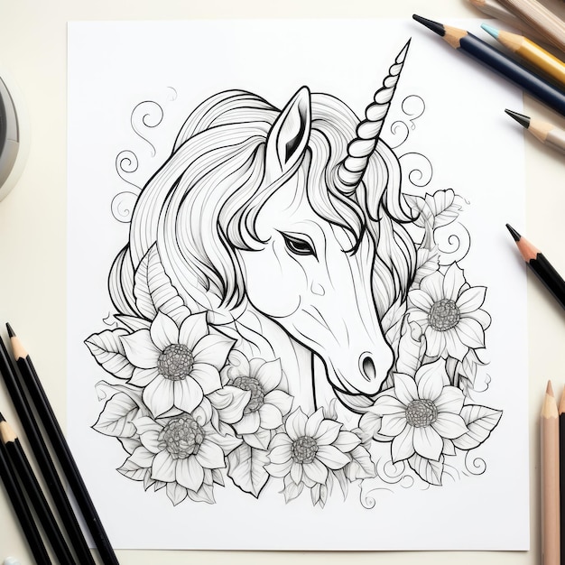 Premium ai image black and white coloring picture of a magic unicorn horn